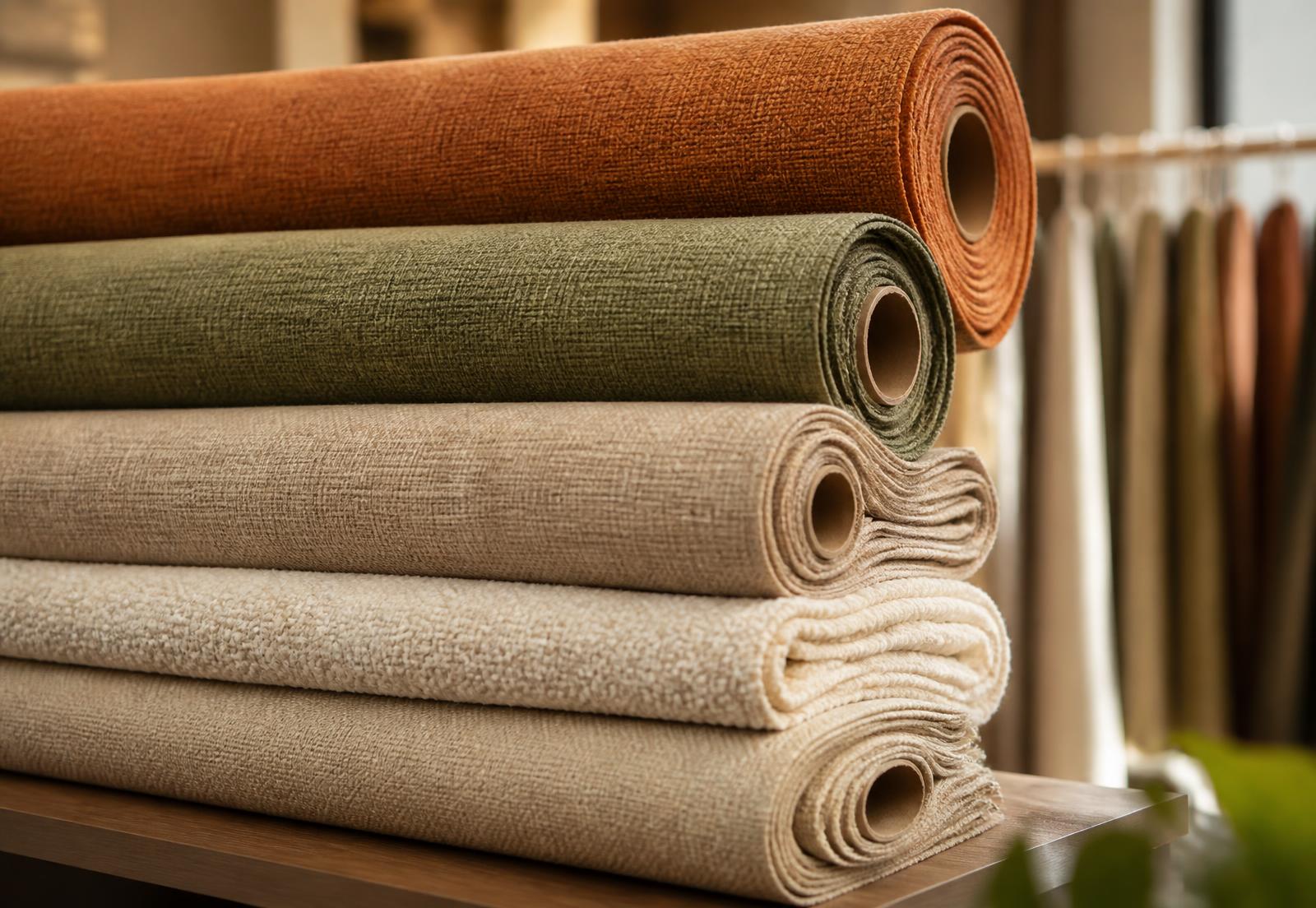 Rolls of sofa upholstery fabric in terracotta, sage and beige